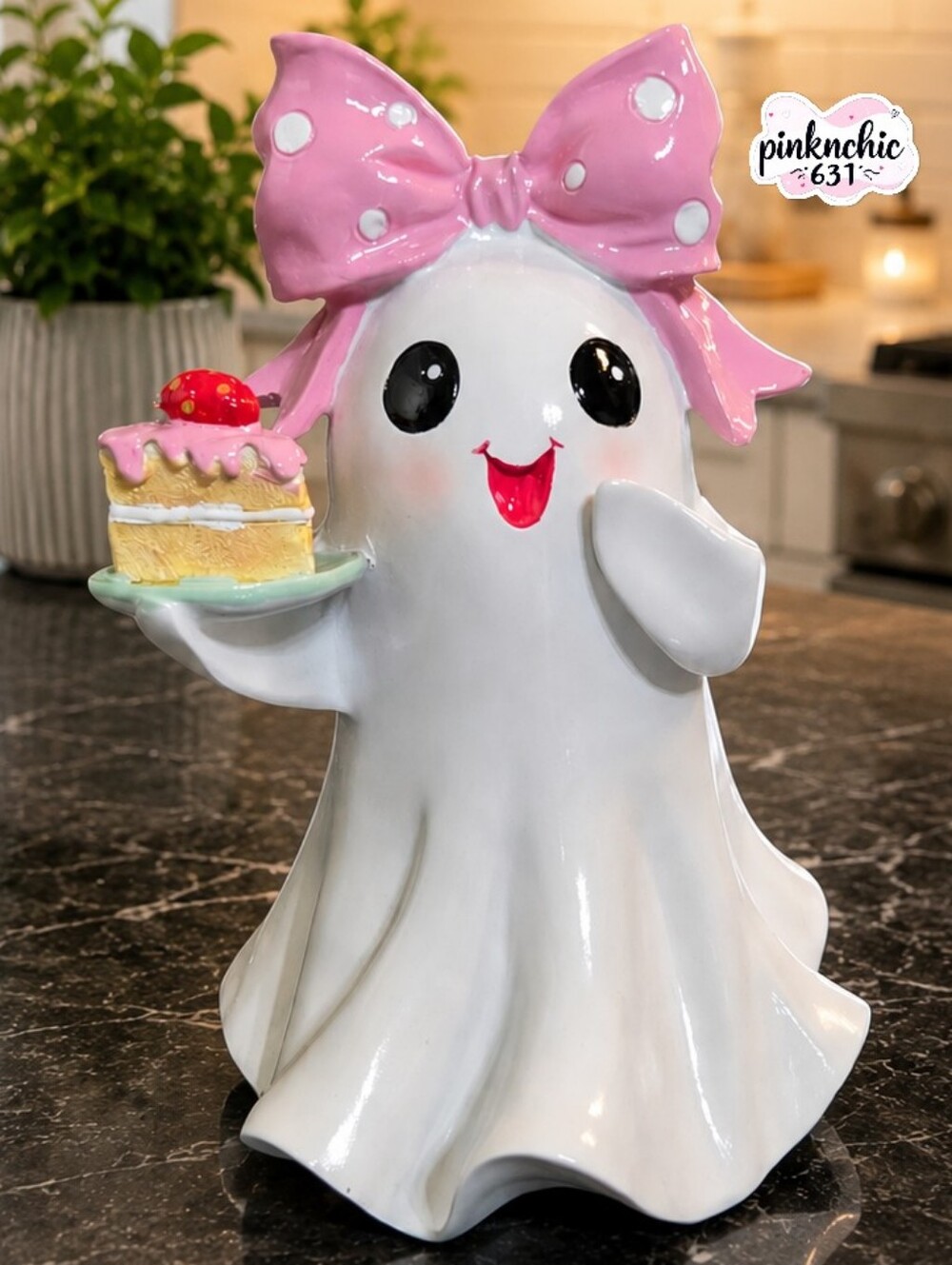 GHOST HOLDING STRAWBERRY SHORTCAKE PINK POLKADOT W/ COQUETTE BOW